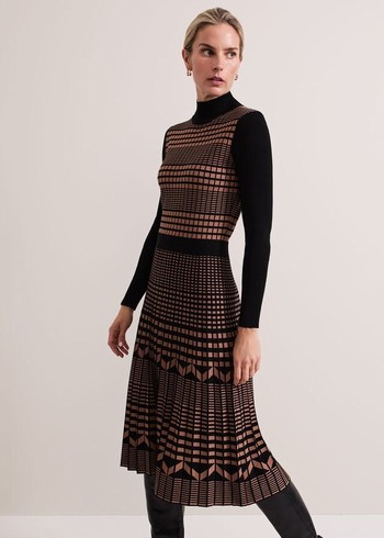 Phase Eight Bethan Geo Jaquard Dress Brown Australia | VO6837051